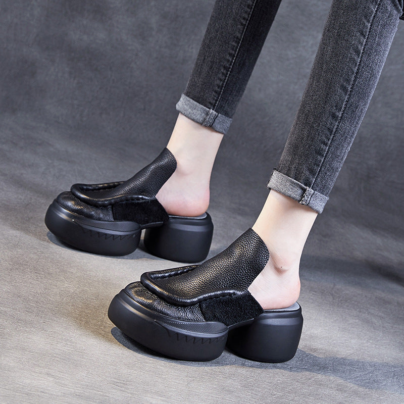 Women's Cowhide Personality Muffin Outer Wear Half Slippers