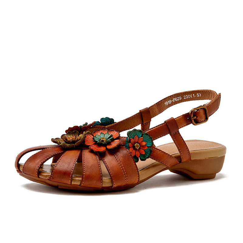Women's Genuine Low Closed Toe Flower Ethnic Style Comfortable Flat Sandals