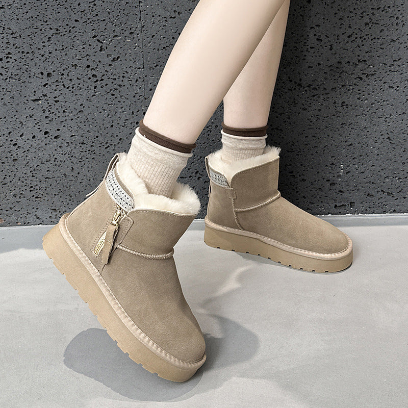 Women's Zip Platform Ethnic Style Fleece-lined Double Face Short Snow Boots