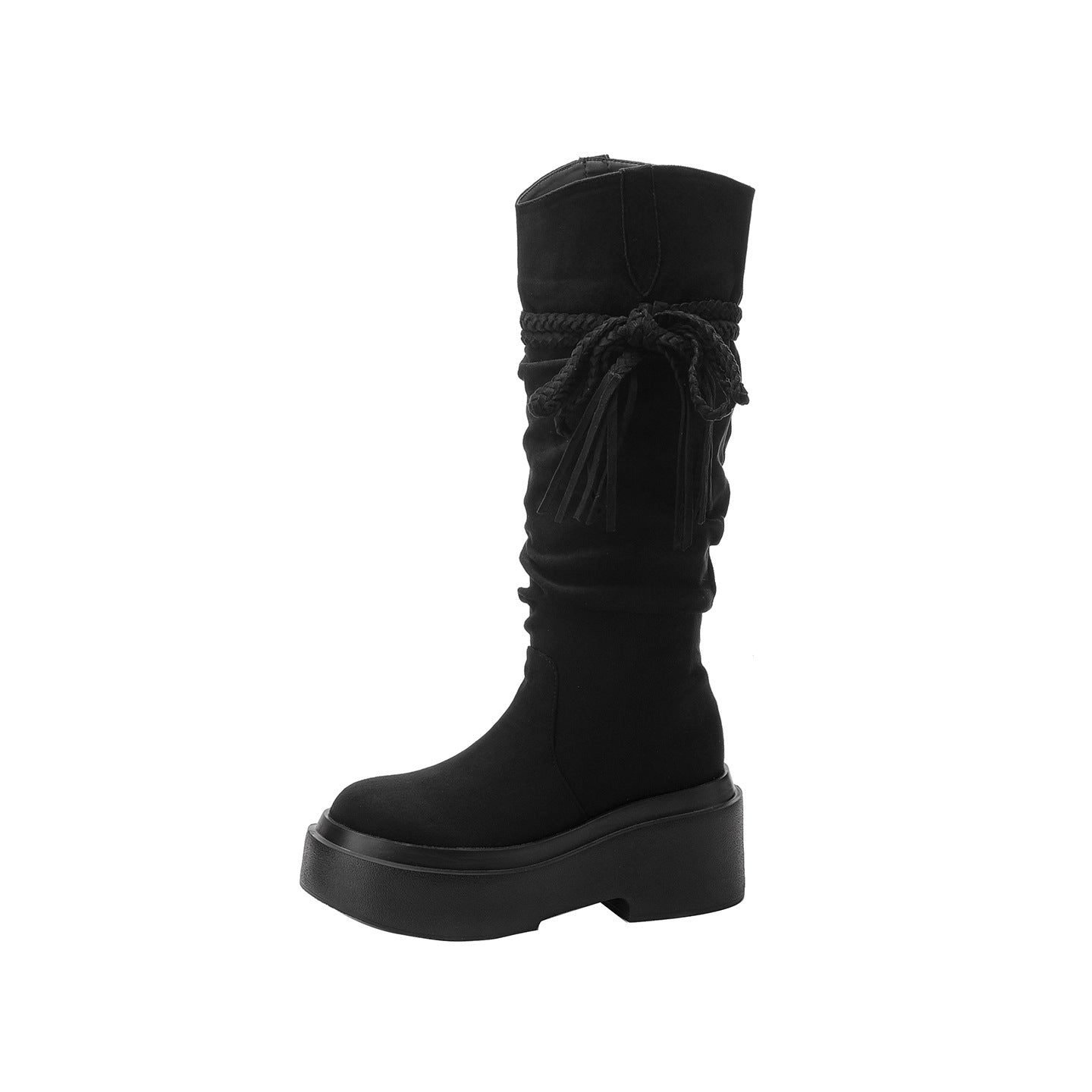 Women's Bottom Tall Knight Small Height Increasing Pleated Pile Below The Women's Leather Boots