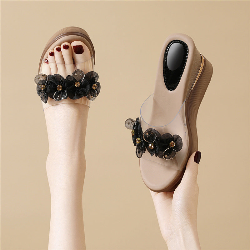 Women's Wedge Summer Outdoor High Rhinestone Sequin Slippers