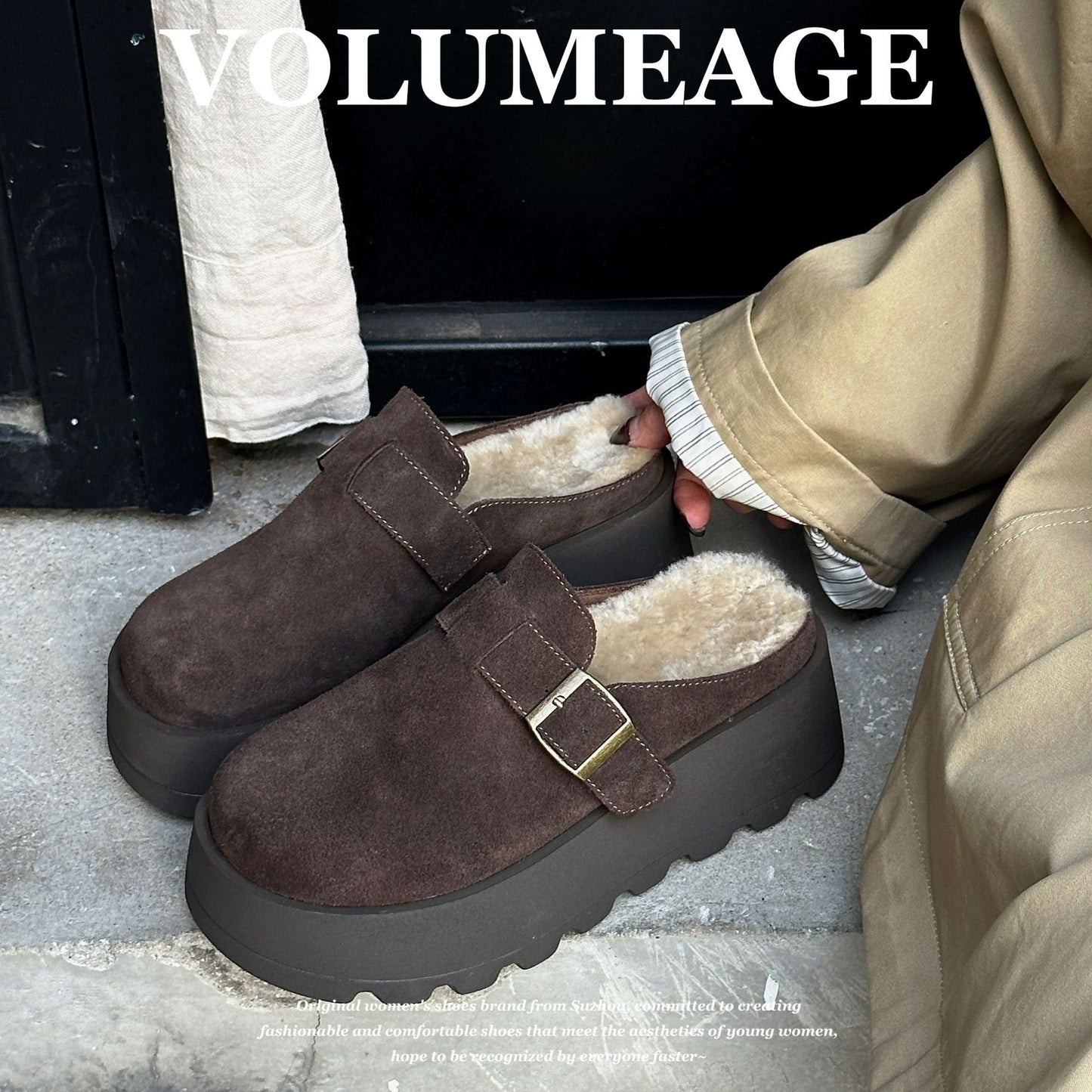 Women's Cowhide Fluffy Outer Wear Winter Fleece-lined Slippers