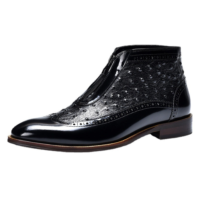 Men's Ostrich Grain Embossed Zipper Pointed Martin Boots