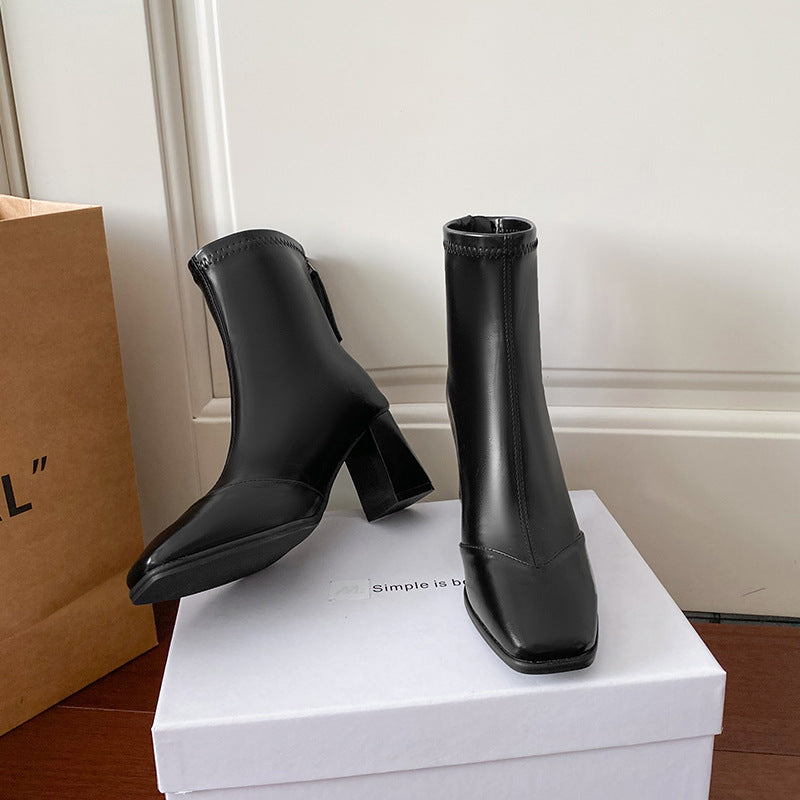 Toe Chunky Back Zipper Temperament Skinny Autumn Versatile Boots