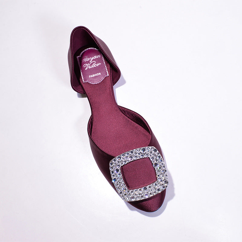 Women's Buckle Flats Hollow Rhinestone Pumps Satin Women's Shoes