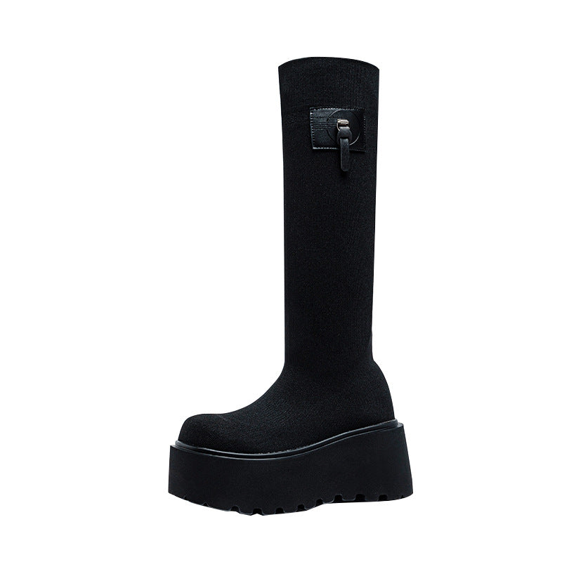 Women's Retro Knitted Stretch Length Sock Booties Thick Bottom Increased High Women's Leather Boots