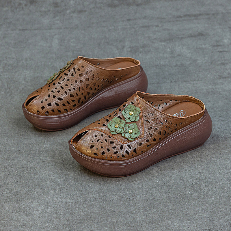 Women's Summer Thick Bottom Peep Toe Hollow Breathable Ethnic Style Flower Women's Shoes