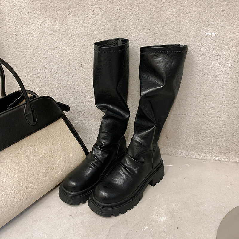 Women's Thick Bottom Chunky Pleated Tube Stretch Boots