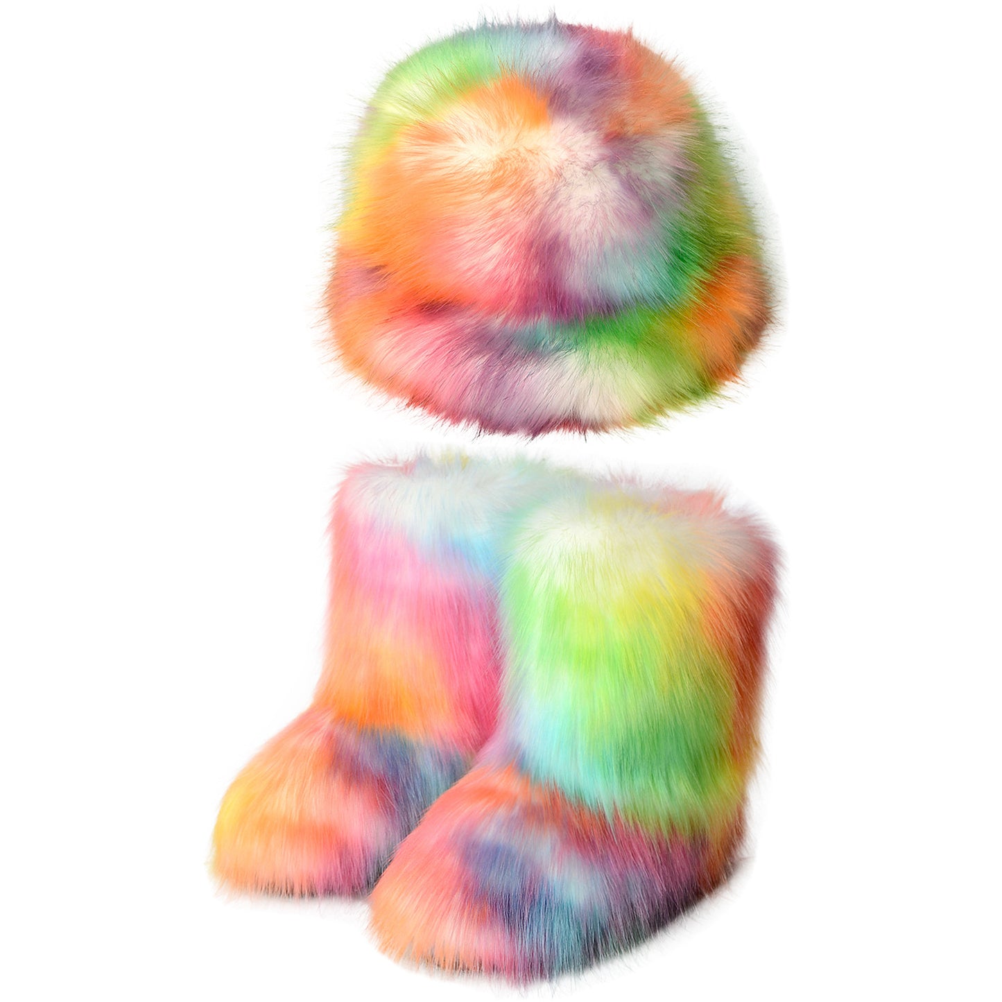 Women's Plush Suit Colorful Fur Bucket Hat Warm Snow Boots