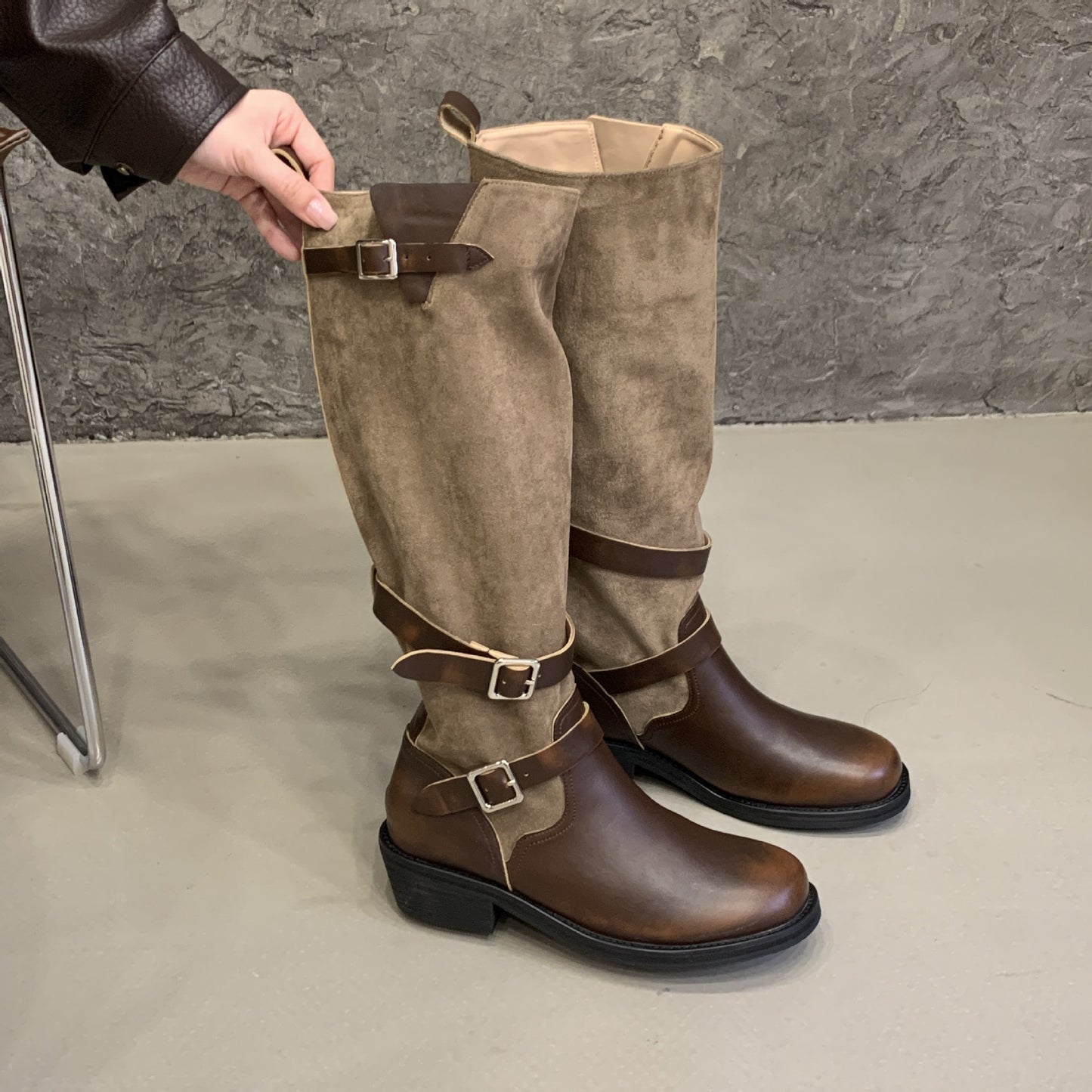 Color Pleated Long Female Autumn Chunky Belt Buckle Biker Pile Women's Leather Boots