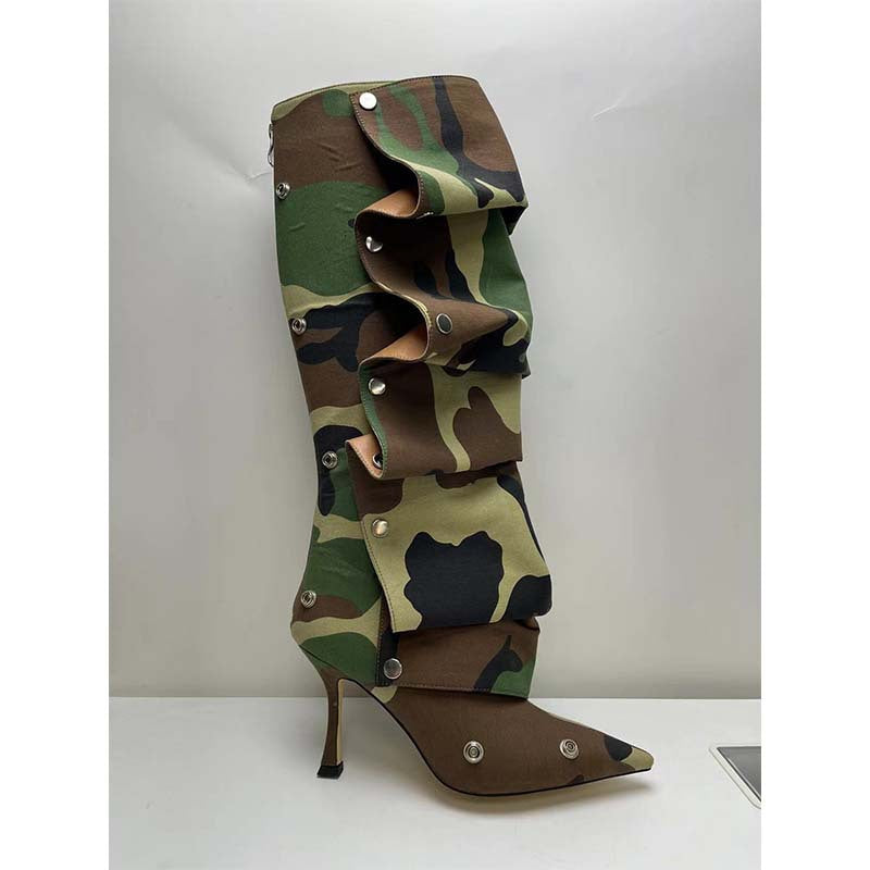 Women's High Metal Rivet Denim Stitching Two-way Pile Style Knee-length Large Women's Leather Boots