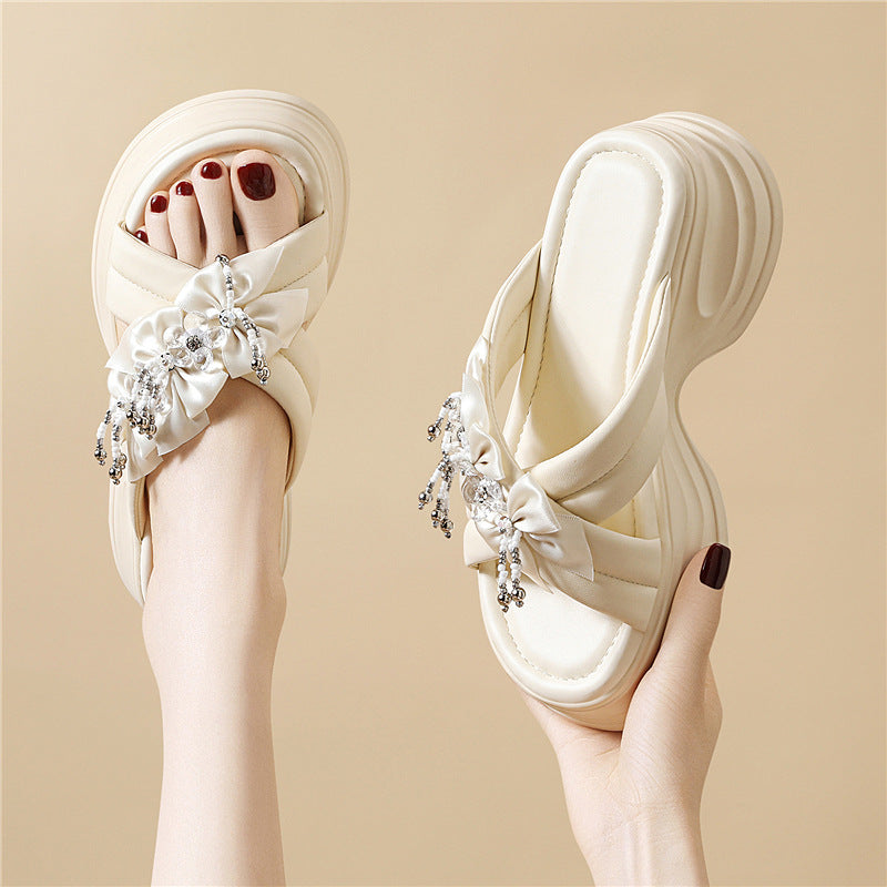 Summer Korean Style Rhinestone Flower Bow Slippers