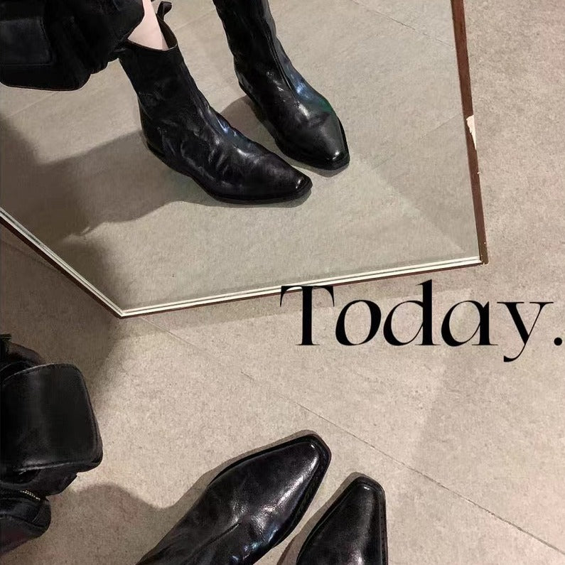 Women's Mouth Retro Denim Skinny Thick Wrinkle Western Short Boots