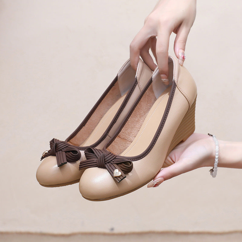 Women's Autumn Wedge Mother Pumps Soft Bottom Top Layer Contrast Color Leather Shoes