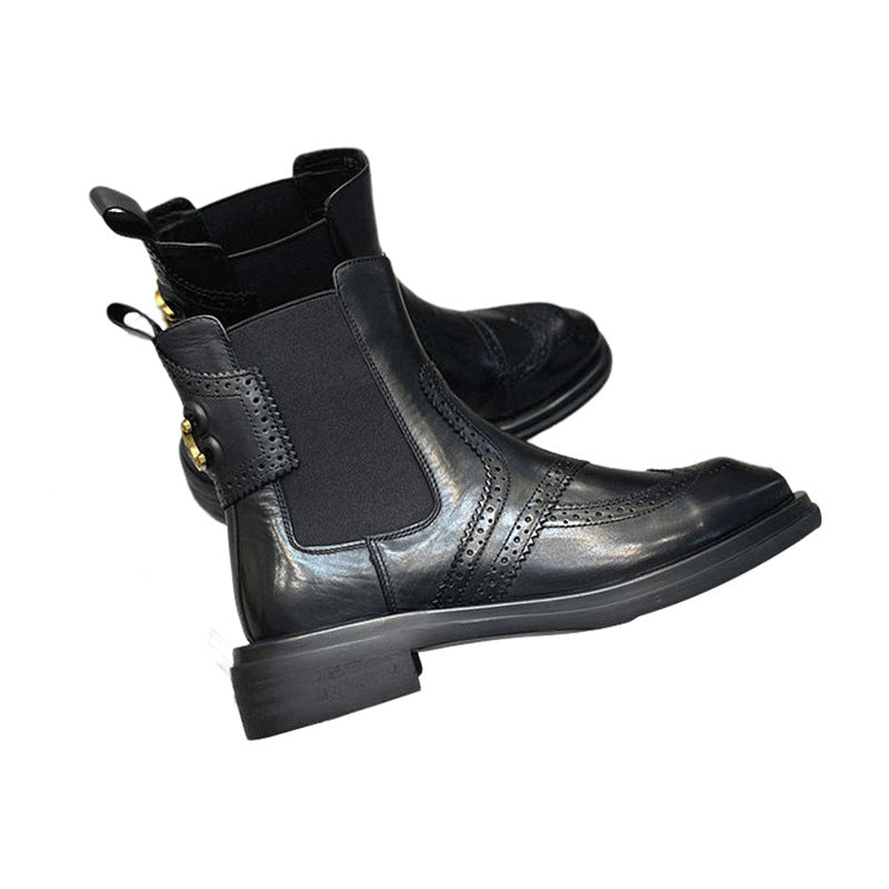 Women's Flat Retro Goose Head Tire Cowhide Boots