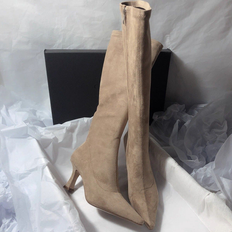 Men's Simple Below The Knee Stretch Frosted Skinny Side Zipper Women's Leather Boots