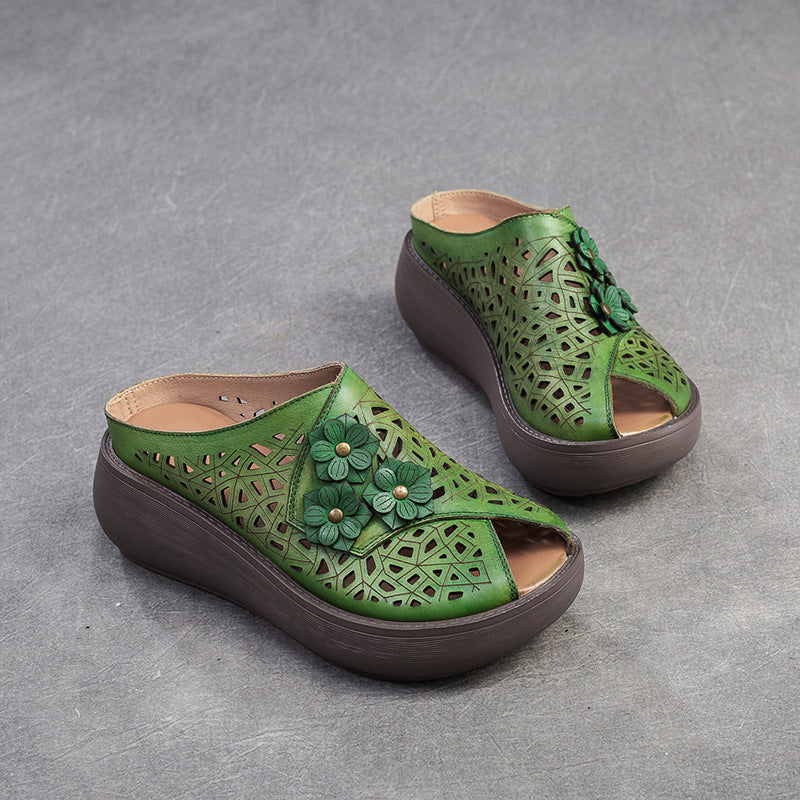 National Style Wedge Peep Toe Hollow Breathable Fashionable Slippers