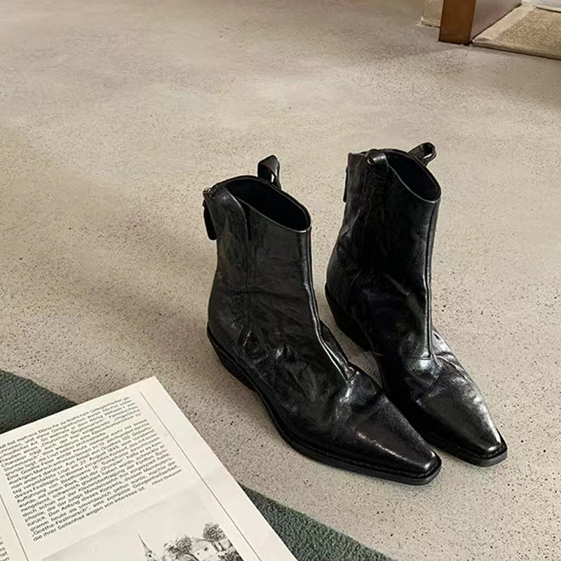 Women's Mouth Retro Denim Skinny Thick Wrinkle Western Short Boots