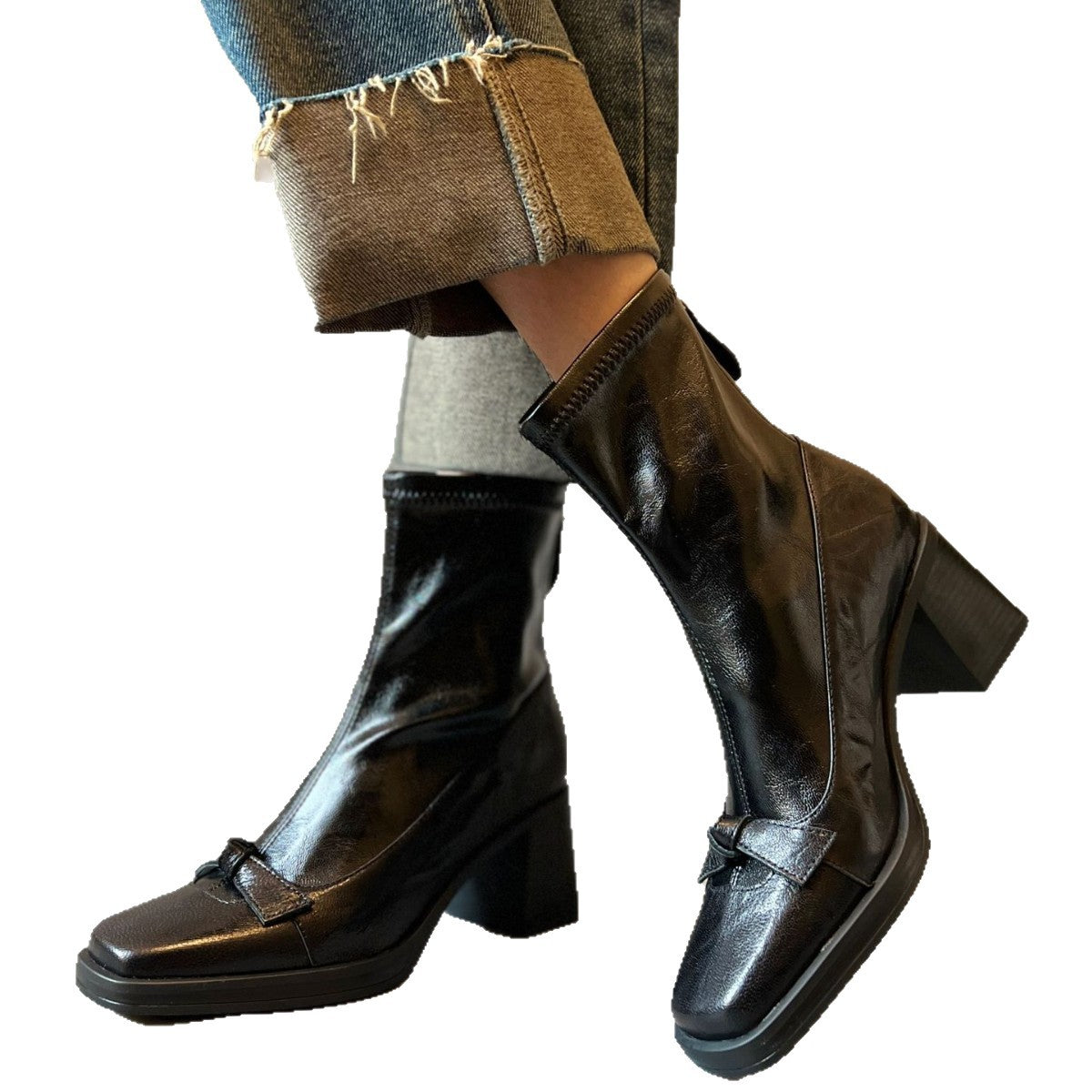 Square Toe Booties Bowknot Chunky Stretch Thin Versatile Mute Boots