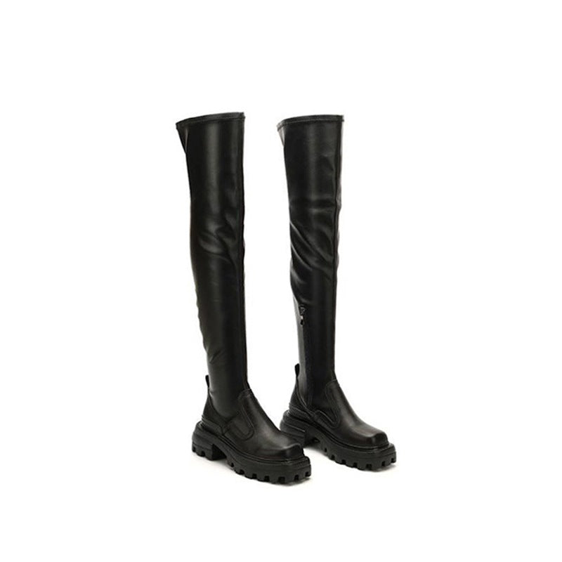 Sugar Series Thick Bottom Long Female Slimming Biker Side Women's Leather Boots