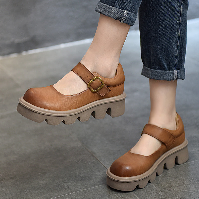 Shallow Mouth Cowhide Platform Female Round Toe Casual Shoes