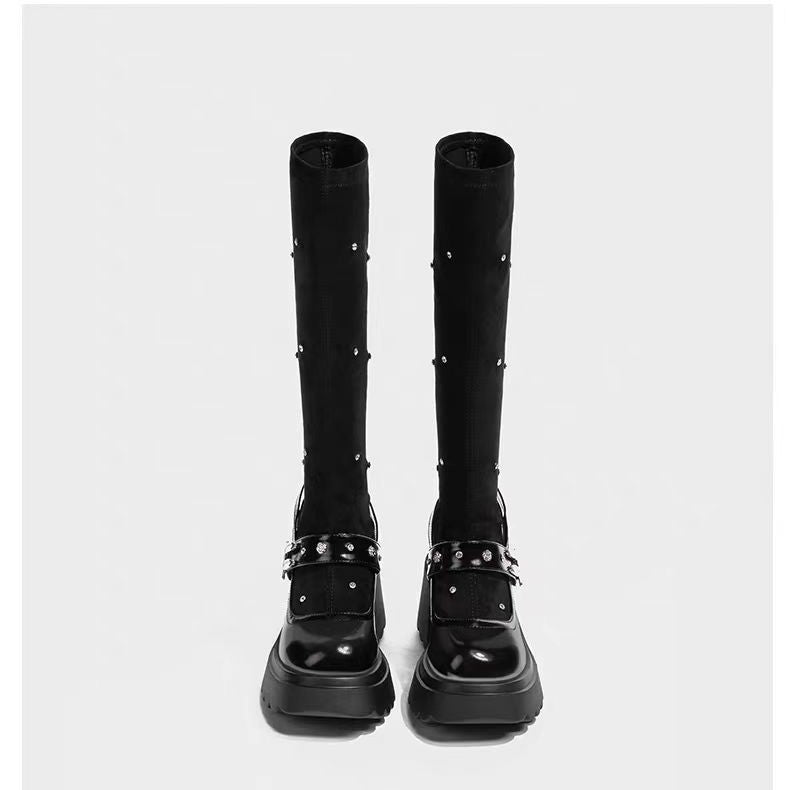 Women's Stretch Small Height Increasing Rhinestone Mary Jane Boots
