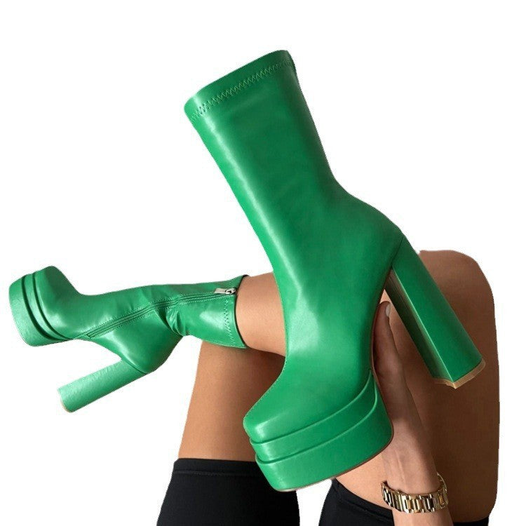 High Chunky Side Zip Waterproof Platform Middle Tube Stretch Fashion Boots