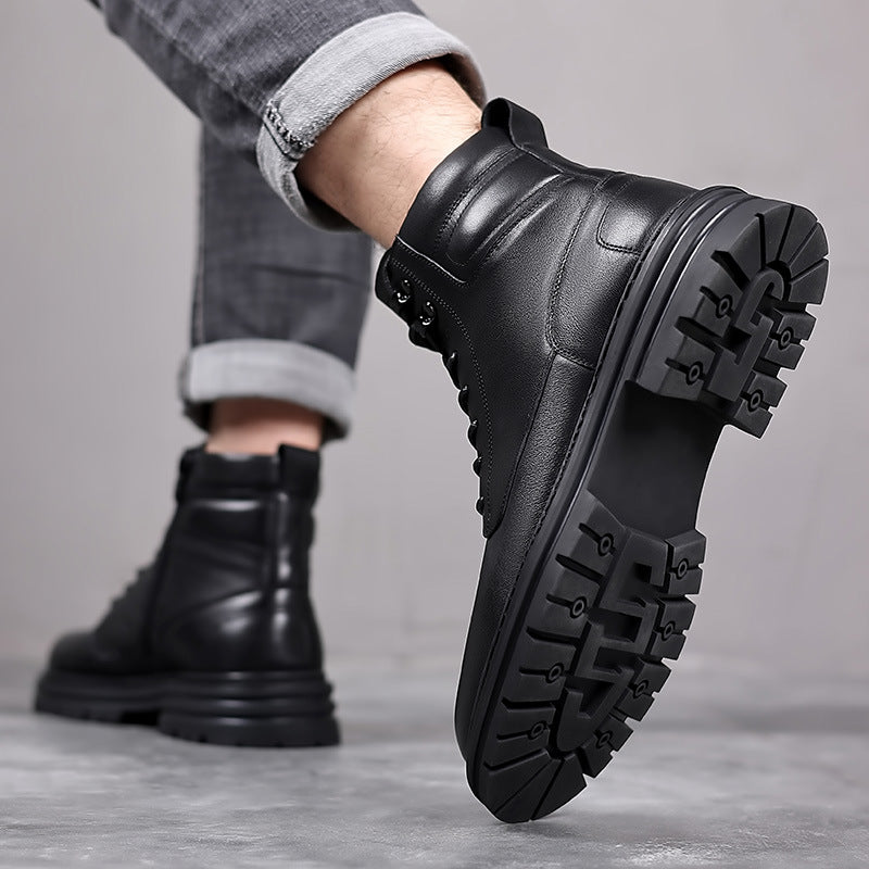 Men's First Layer Cowhide British Style Martin Platform Side Boots