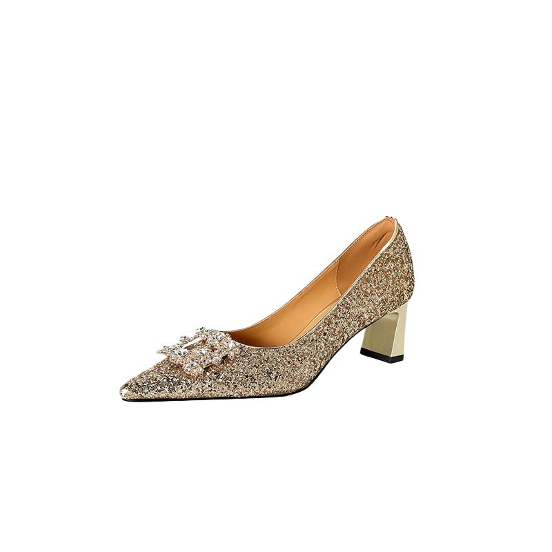 Women's Chunky Champagne Gold French High Rhinestone Square Buckle Bridal Wedding Men's Shoes