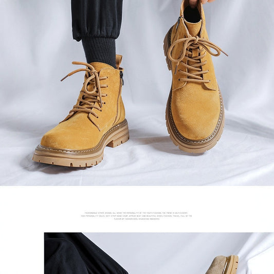 Men's Round Head Pigskin High Top Length Thick Boots