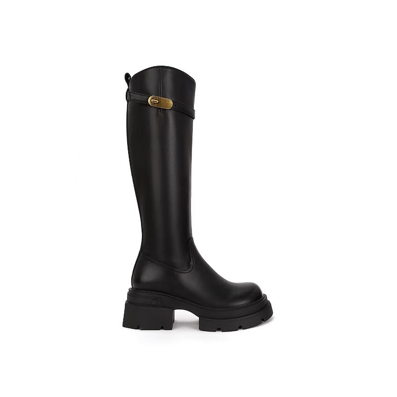 Small Golden Button Bevel Thick Bottom Boots
