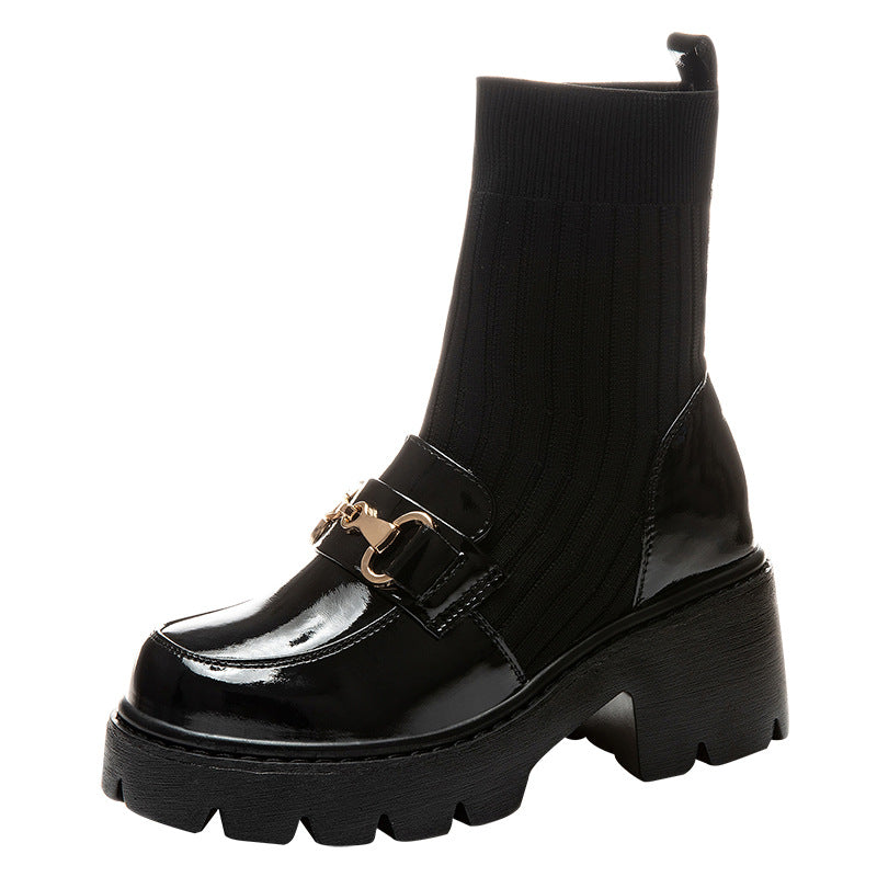 High-heeled Ankle Thick Socks Integrated With Wide Leg Pants Skirt Women's Casual Shoes