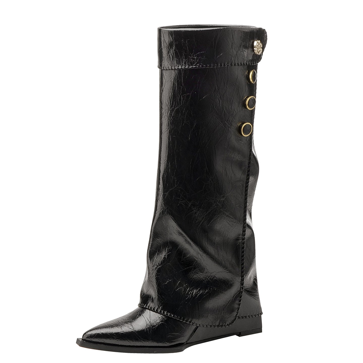 Women's Style Wedge Pants Pointed Toe Camellia Metal Women's Leather Boots