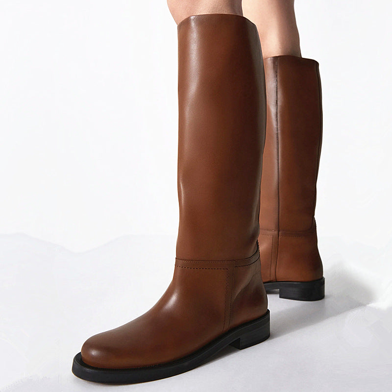 Women's Autumn Brown Vintage Cow Round Toe Boots