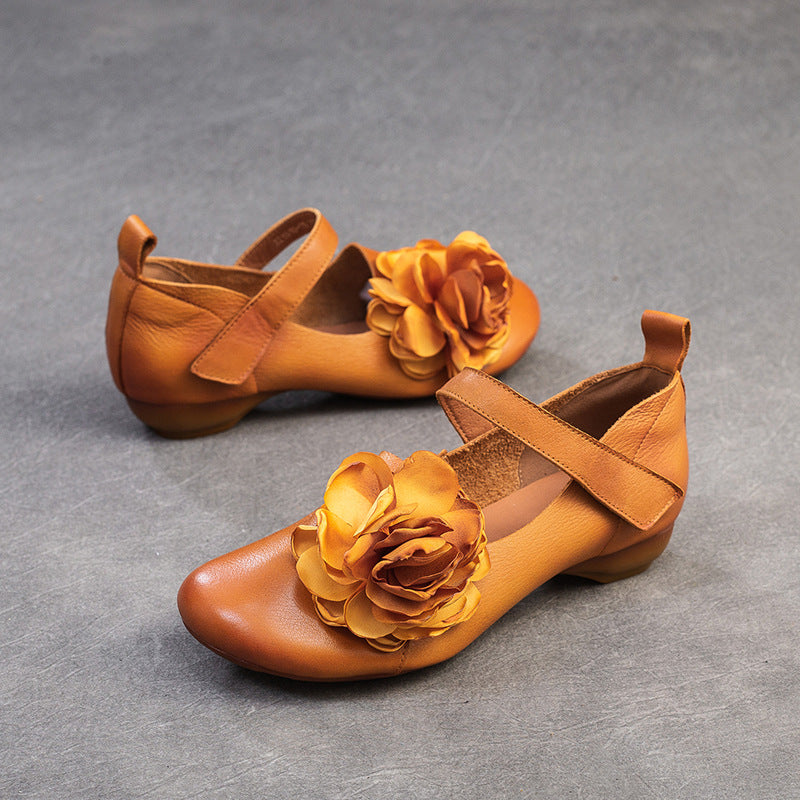Women's Layer Cowhide Flower Shallow Mouth Pumps Brushed Casual Shoes