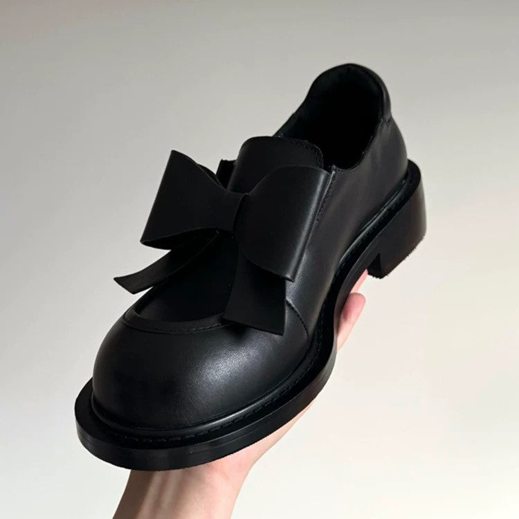 Women's Genuine Preppy Style Bow Round Toe Chunky Leather Shoes