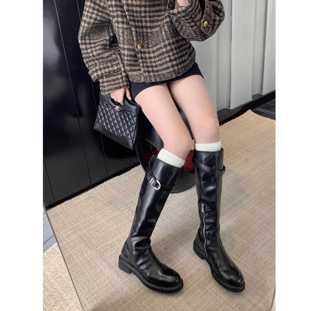 Quality Washed Horse Pattern Chunky Buckle Boots