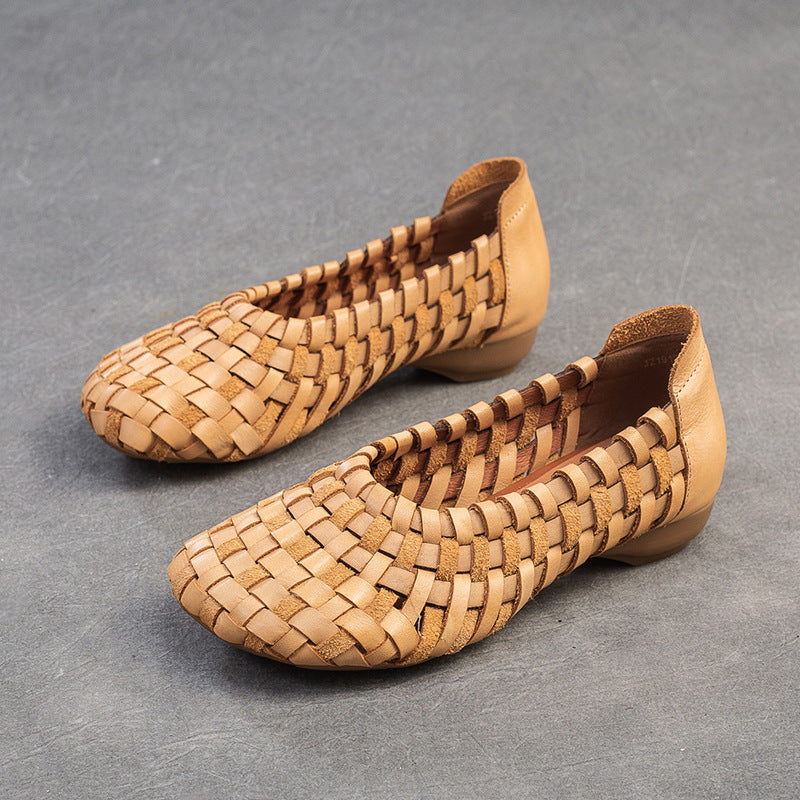 Women's First Layer Cowhide Slip-on Hand-woven Breathable Bottom Men's Shoes