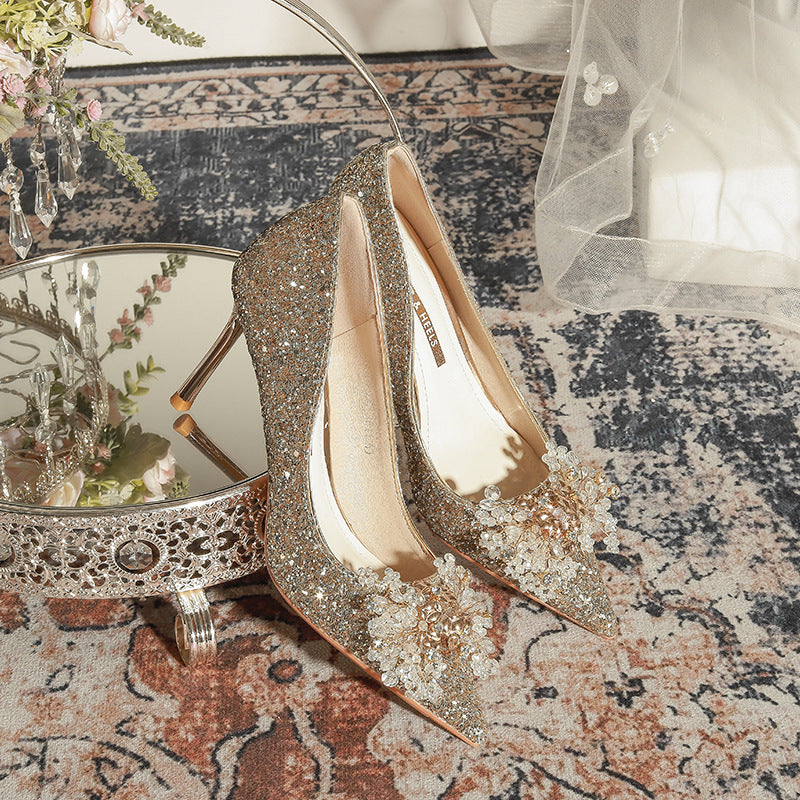 Women's Golden Wedding Bridal High Main Dress Not Tired Feet Pumps Heels
