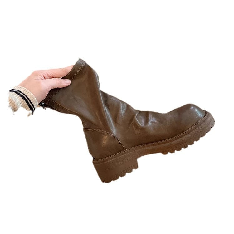 Women's Platform Skinny Round Toe Pleated Back Zipper Boots