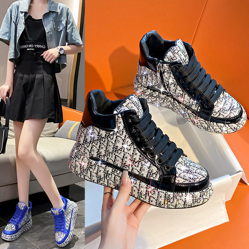 Women's Rhinestone Color Block Embroidery High Top Sneakers