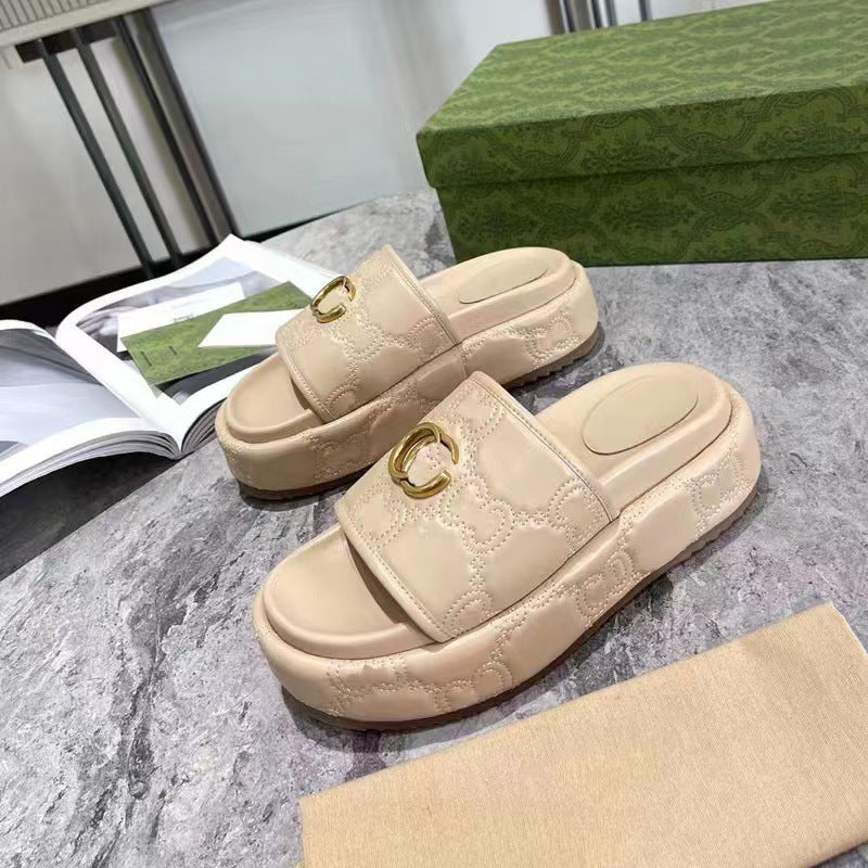 Women's Platform Embroidered Thread Height Increasing Metal Slippers