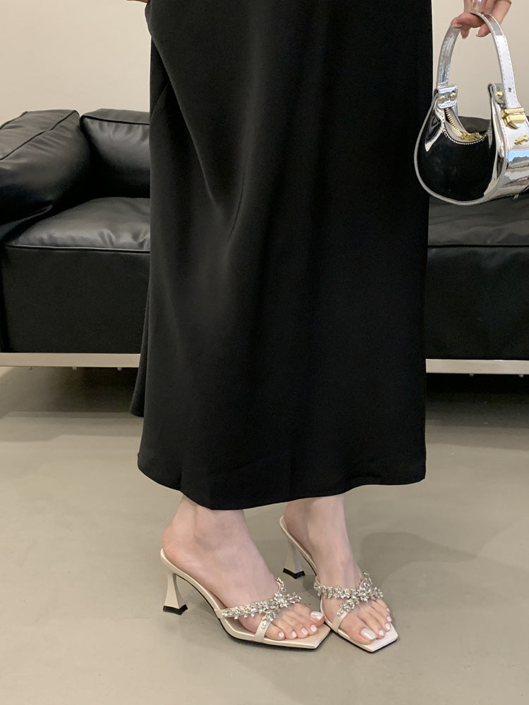 Women's Model Style High Young Rhinestone Satin Flat Slippers