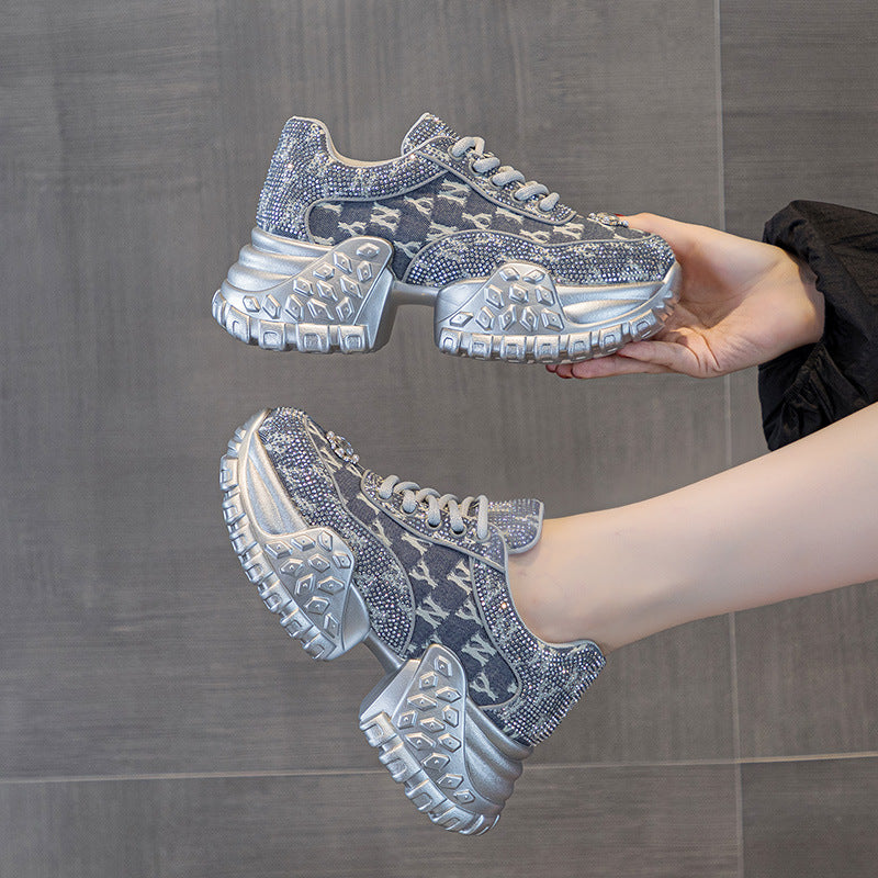 Women's Dad Platform Height Increasing Rhinestone Denim Korean Fashion Casual Shoes