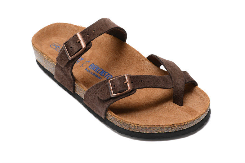 Women's & Men's Single Buckle Soft Bottom Cork Toe Ring Flat Slippers