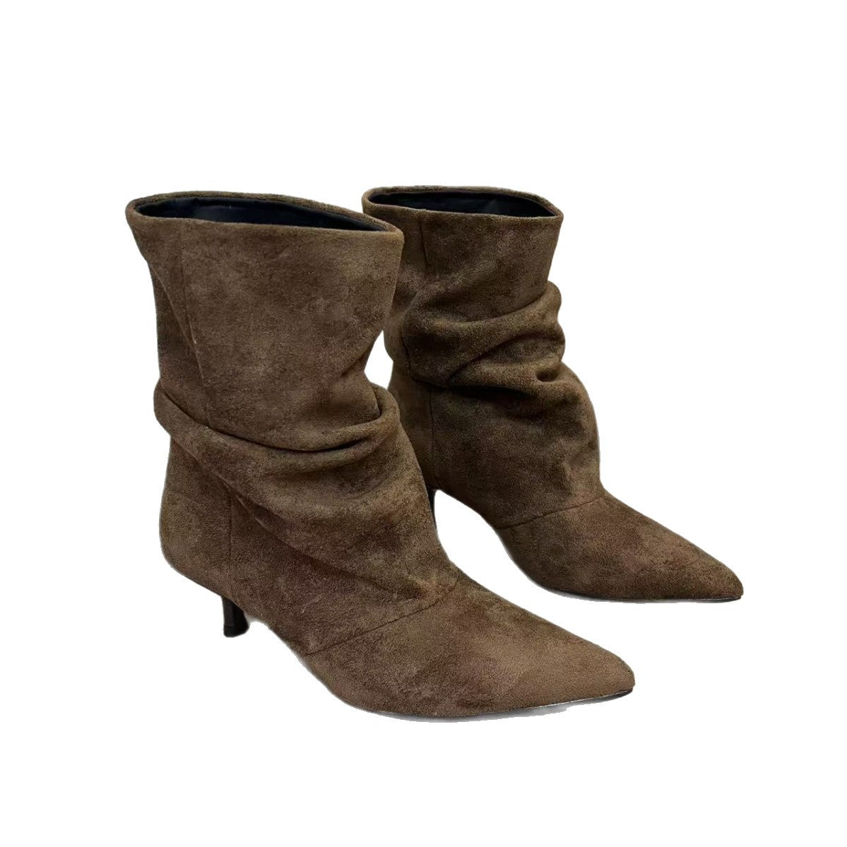Women's Pointed Toe Pleated Ankle Cow Suede Pile Style Middle Women's Leather Boots