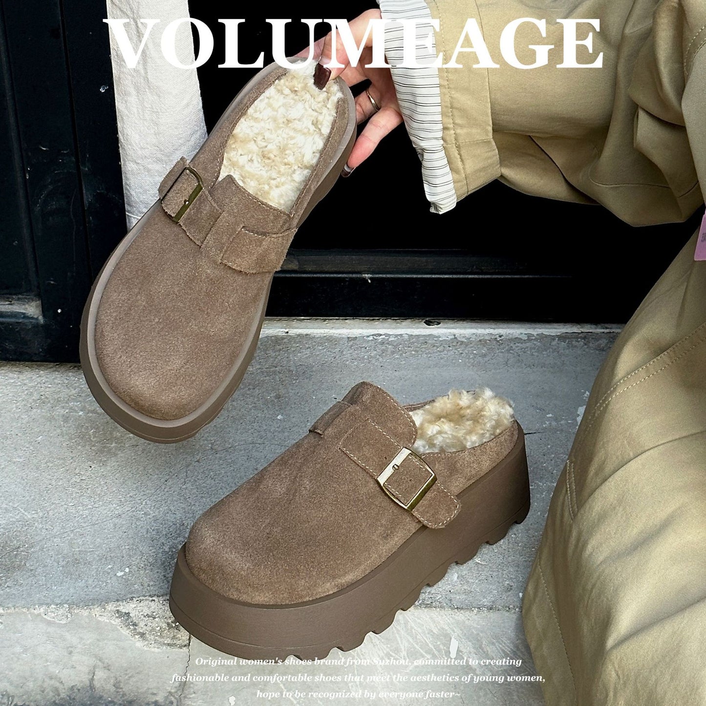 Women's Cowhide Fluffy Outer Wear Winter Fleece-lined Slippers