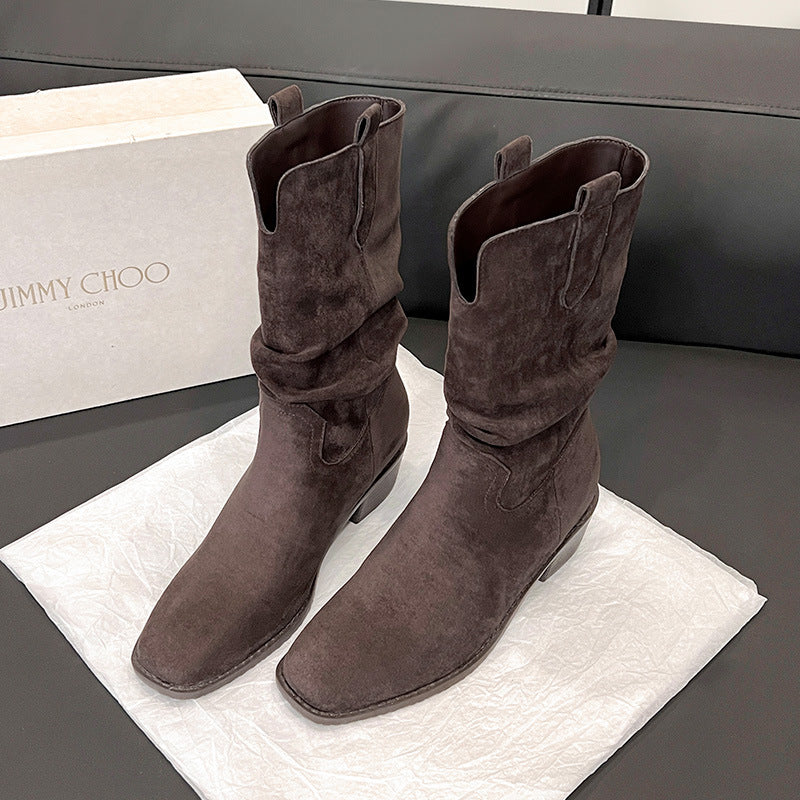 Women's Height Increasing Insole Western Cowboy V Cut Slimming Big Tube Women's Leather Boots