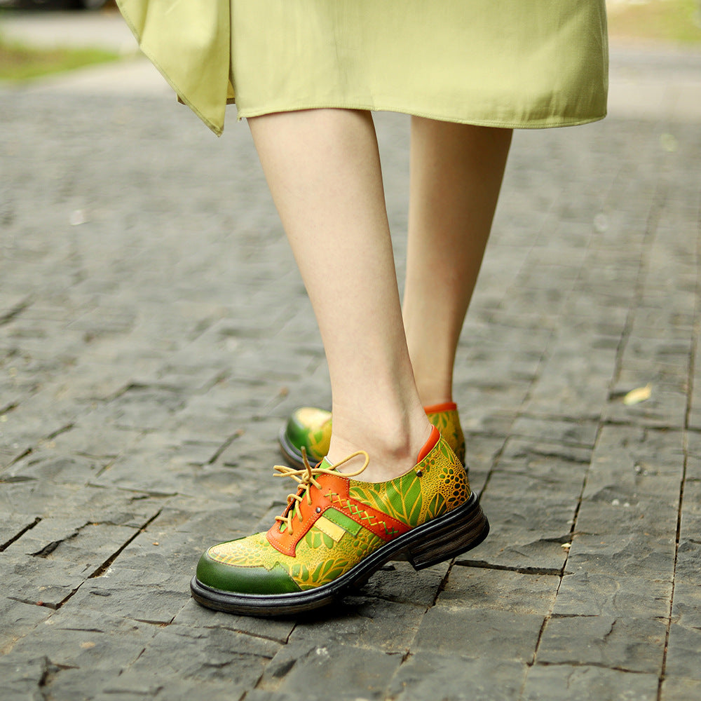 Women's Spring Genuine Retro Printing Color Contrast Women's Shoes