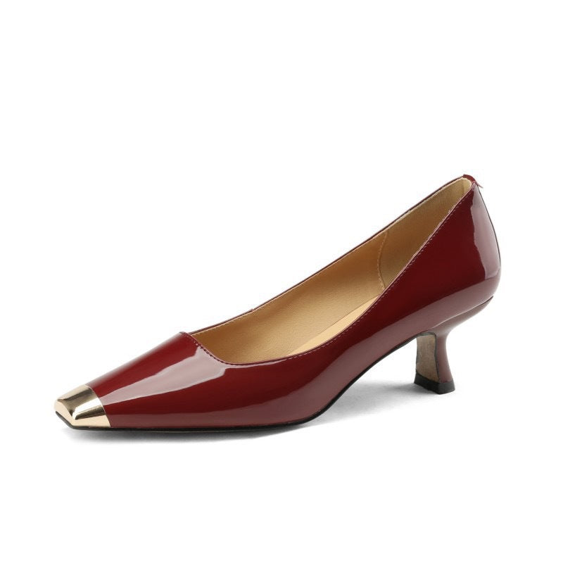 Women's Genuine Wine Red Patent Cowhide Classy High Metal Women's Shoes